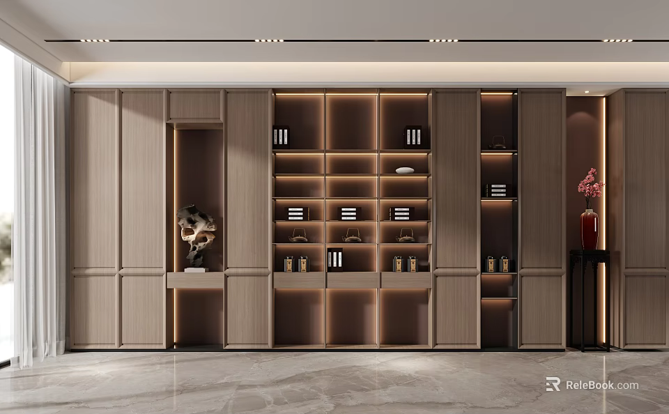 Modern Wooden Bookcase With Layered Shelves Warm Lighting And Decorative Ornaments For Elegant Home Design 3d model 