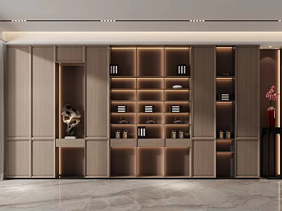 Modern Wooden Bookcase With Layered Shelves Warm Lighting And Decorative Ornaments For Elegant Home Design 3d model