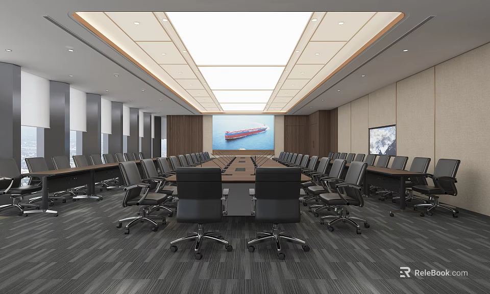 Modern Conference Room Interior With Long Table Black Chairs Recessed Lighting Large Screen Ship 3d model 