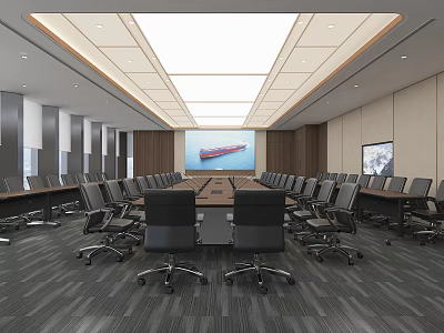 Modern Conference Room Interior With Long Table Black Chairs Recessed Lighting Large Screen Ship 3d model