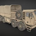 Beige Military Cargo Truck With Canvas Cover And Six Large Off Road Wheels