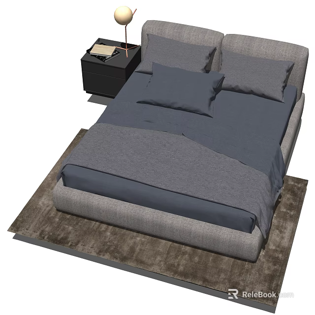Double Bed with Gray and Blue Bedding Bedside Table Table Lamp and Book on Rug 3d model