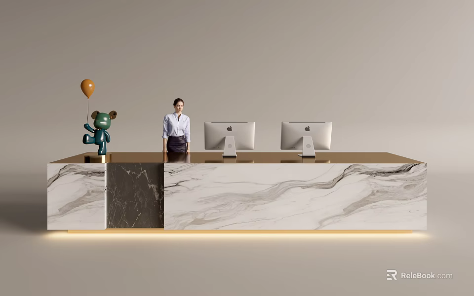 Elegant Reception Desk With Marble Countertop Two Computers Receptionist Green Toy And Balloon Decorations 3d model 