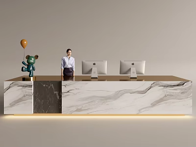 Elegant Reception Desk With Marble Countertop Two Computers Receptionist Green Toy And Balloon Decorations 3d model