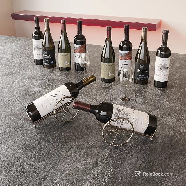 Elegant Assorted Wine Bottles And Glasses Display With Metal Wine Rack On Gray Countertop 3d model 