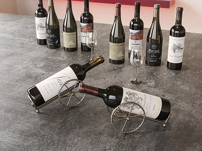 Elegant Assorted Wine Bottles And Glasses Display With Metal Wine Rack On Gray Countertop 3d model