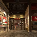 Historical Themed Interior With Red Flag Brick Walls Wooden Structure And Wall Posters