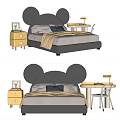 Gray Kids Bed with Mickey Mouse Ears Design Yellow Nightstand and Desk