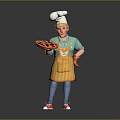 Cartoon Chef Wearing Chef Hat Green Shirt Yellow Apron Holding Pie With Red Gloves