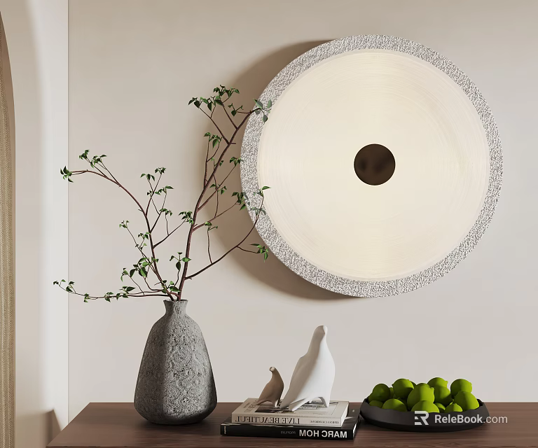 Ornamental Decor Set with Vase Twigs Decorative Plate Bird Figurines Books and Green Fruit Bowl 3d model 