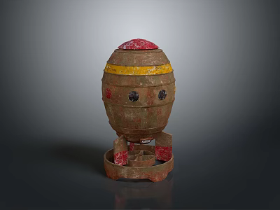 Ancient Decorative Weapon With Red Top Yellow Stripe Brown Body Red Base And Holes 3d model