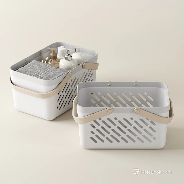 Two White Storage Baskets With Beige Handles And Hollowed Out Design 3d model 