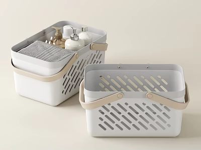 Two White Storage Baskets With Beige Handles And Hollowed Out Design 3d model