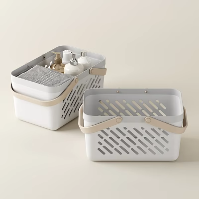Two White Storage Baskets With Beige Handles And Hollowed Out Design 3d model