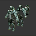 Sci Fi Game Movie Characters in Teal Mechanical Armor Featuring Glowing Green Eyes Circular Details