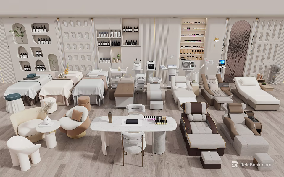 Beauty Hair Salon Interior Design With Modern Stylish Treatment Beds Styling Chairs And Product Shelves 3d model 