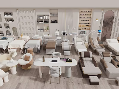 Beauty Hair Salon Interior Design With Modern Stylish Treatment Beds Styling Chairs And Product Shelves 3d model