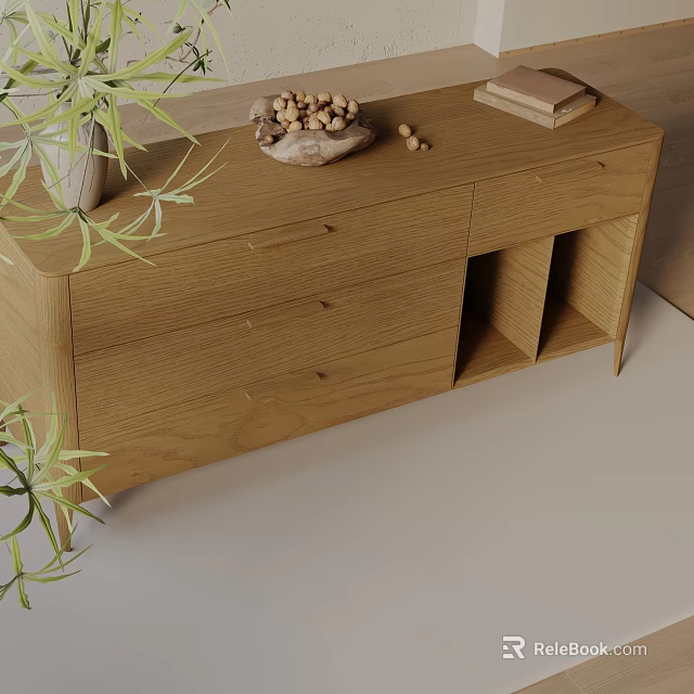 Modern Wooden Storage Cabinet Interior With Drawers Open Compartments And Decorative Items On Top 3d model 