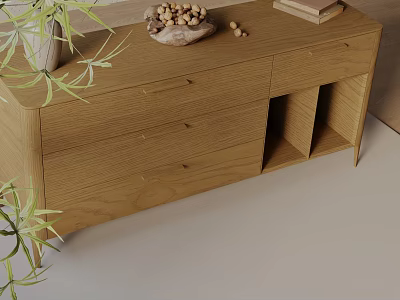Modern Wooden Storage Cabinet Interior With Drawers Open Compartments And Decorative Items On Top 3d model