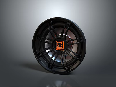 Modern Black Car Tire Rim Featuring Orange Sport Logo And Metallic Spokes 3d model