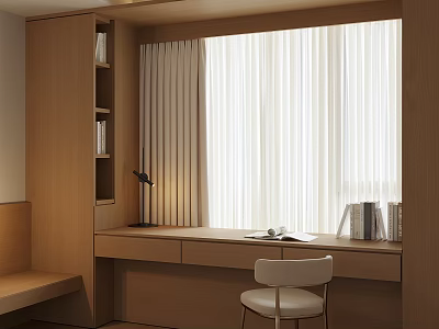 Minimalist Wooden Bay Window Cabinet With Bookshelf Desk Chair And White Curtains 3d model