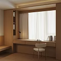 Minimalist Wooden Bay Window Cabinet With Bookshelf Desk Chair And White Curtains