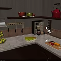 Practical Kitchenware Setup With Bowls Teapot Knife Block Spice Rack And Cutting Board