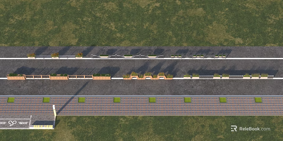 Top View Landscape Path With Green Grass Striped And Square Pavement Areas Lamp Posts Alongside 3d model 