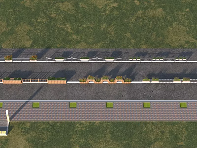 Top View Landscape Path With Green Grass Striped And Square Pavement Areas Lamp Posts Alongside 3d model