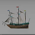 Historical Wooden Sailing Ship Model with Multiple White Sails Colorful Flags and Green Hull Accents