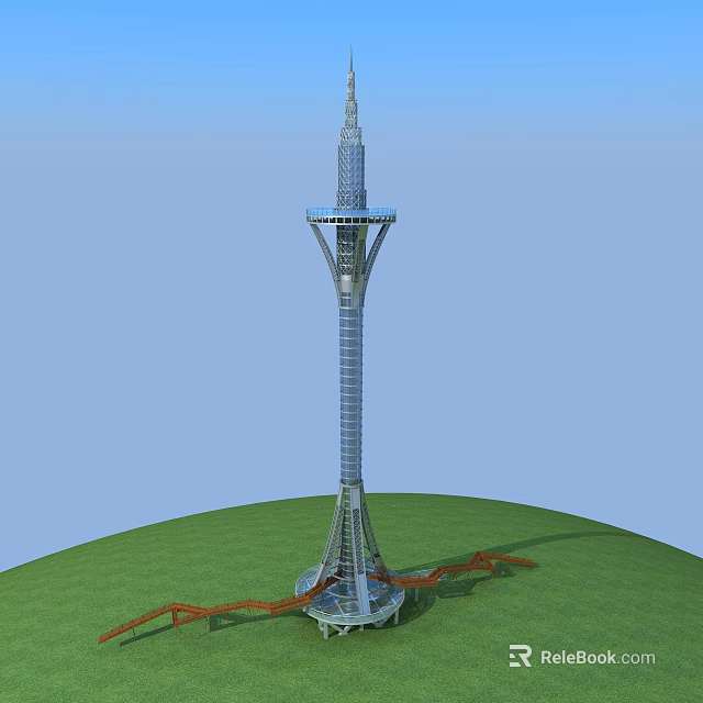 Modern Tall Tower With Sleek Metal Spiral Structure And Green Grassy Base 3d model 