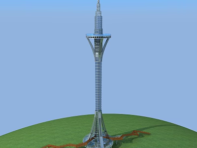 Modern Tall Tower With Sleek Metal Spiral Structure And Green Grassy Base 3d model