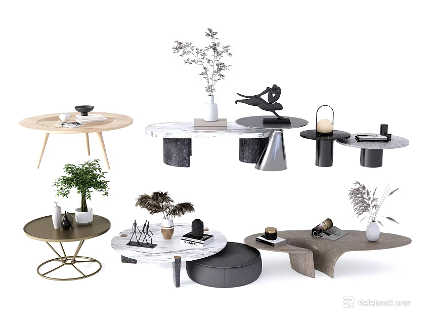 Modern Coffee Tables With Various Designs And Decorative Elements Like Vases And Plants 3d model