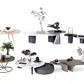 Modern Coffee Tables With Various Designs And Decorative Elements Like Vases And Plants 3d model