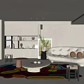 Modern Living Room Interior Design With White Sofa Colorful Rug And Round Coffee Table
