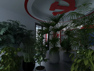 Indoor Space With Various Green Plants Red Decorative Elements And Circular Ceiling Design 3d model