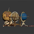 Decorative Vintage and Blue Globes on Ornate Patterned Carpet with Wooden Metal Stands