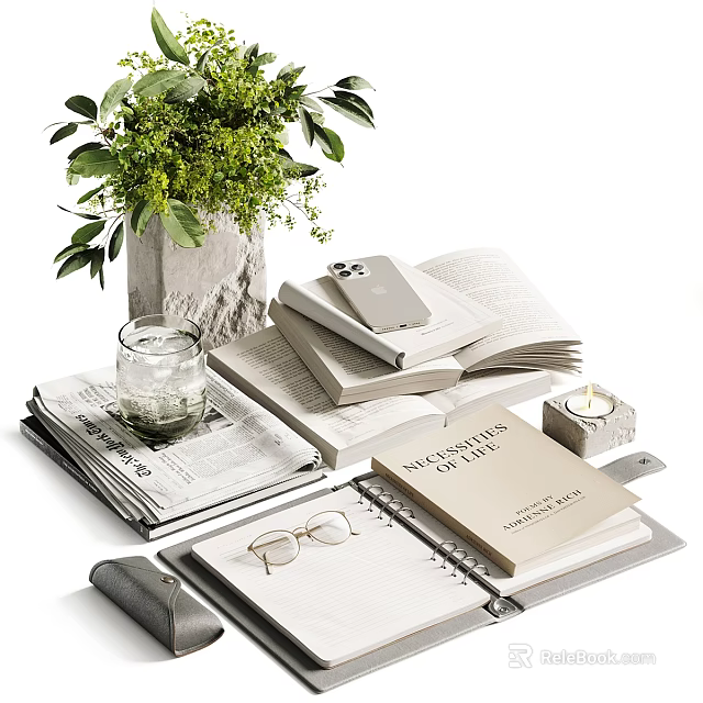 Ornamental Decor Set With Green Plants Books Glass Jar Candle And Notebook For Home Decor 3d model 