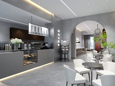 Modern Café Interior With Bar Counter White Chairs Round Tables And Green Plants 3d model