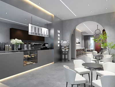 Modern Café Interior With Bar Counter White Chairs Round Tables And Green Plants 3d model