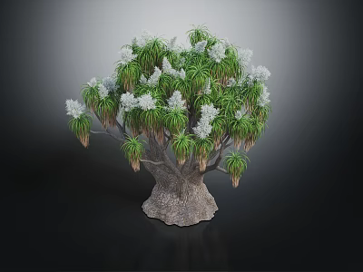Lizard Perched On Dragon Blood Tree With Green Leaves And White Flowers 3d model