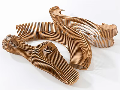 Modern Outdoor Landscape Seats With Curved Wooden Striped Structure And Sleek Design 3d model