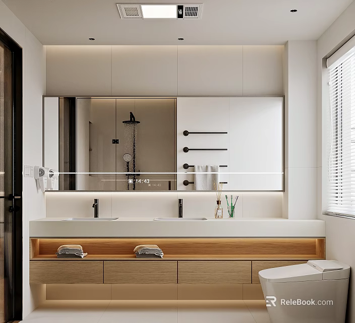Modern Bathroom Interior Design With Large Mirror Double Sinks Wooden Cabinets And Toilet 3d model 