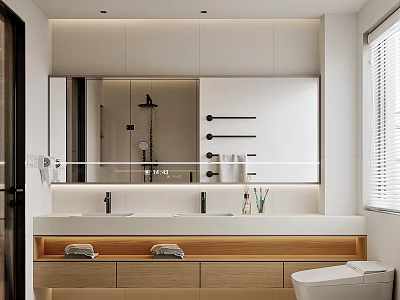 Modern Bathroom Interior Design With Large Mirror Double Sinks Wooden Cabinets And Toilet 3d model