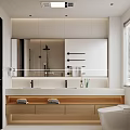 Modern Bathroom Interior Design With Large Mirror Double Sinks Wooden Cabinets And Toilet