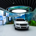 Modern Car Showroom With White Cars Mountain Mural Grassland And Flowers