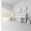 Modern Bathroom With Marble Walls Double Round Mirrors Freestanding White Bathtub And Wooden Vanity Base