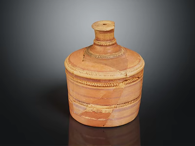 Ancient Handcrafted Terracotta Clay Jar Featuring Decorative Patterns Weathered Surface And Lid 3d model