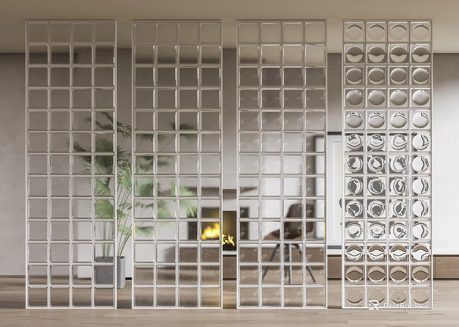Modern Glass Partition with Grid and Circular Patterns in Interior with Plants and Furniture 3d model 