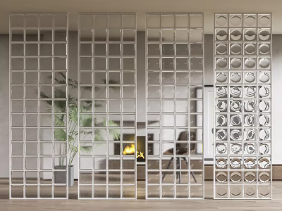 Modern Glass Partition with Grid and Circular Patterns in Interior with Plants and Furniture 3d model
